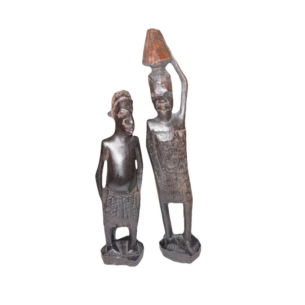 Hand Carved African Wood Sculptures Set of 2 Tribal Folk Art Figures Dark Brown